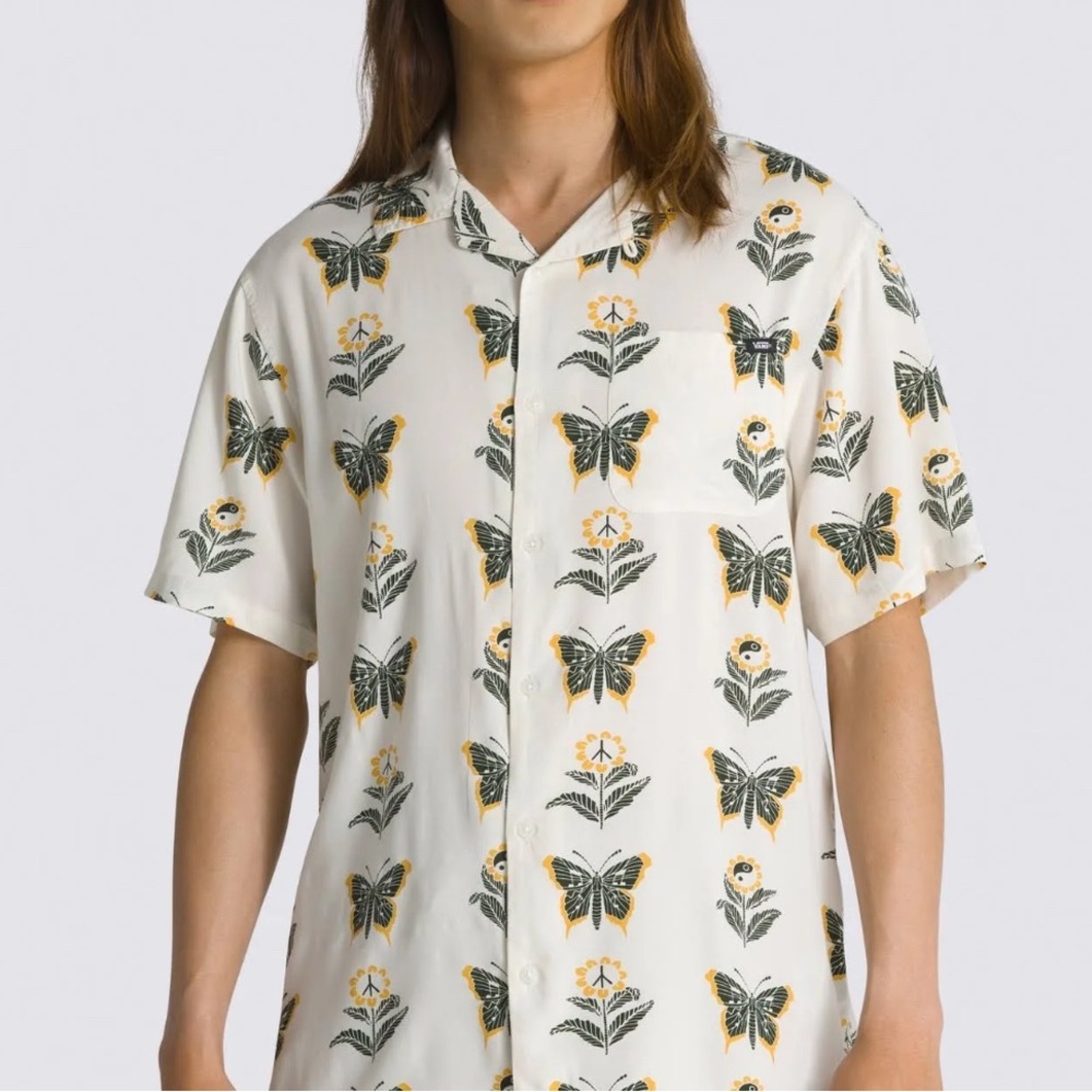 Vans Mens Large White and Black Casual Button Down Shirt Butterfly Print NWT